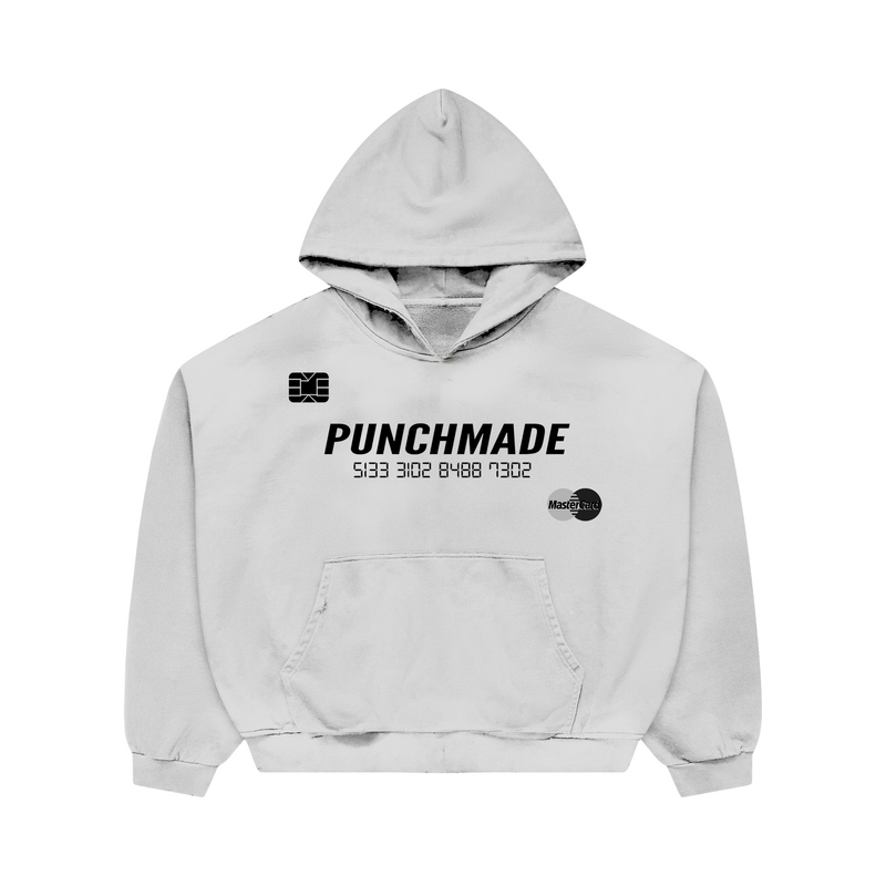 Punchmade Cardholder hoodie in white, front graphic